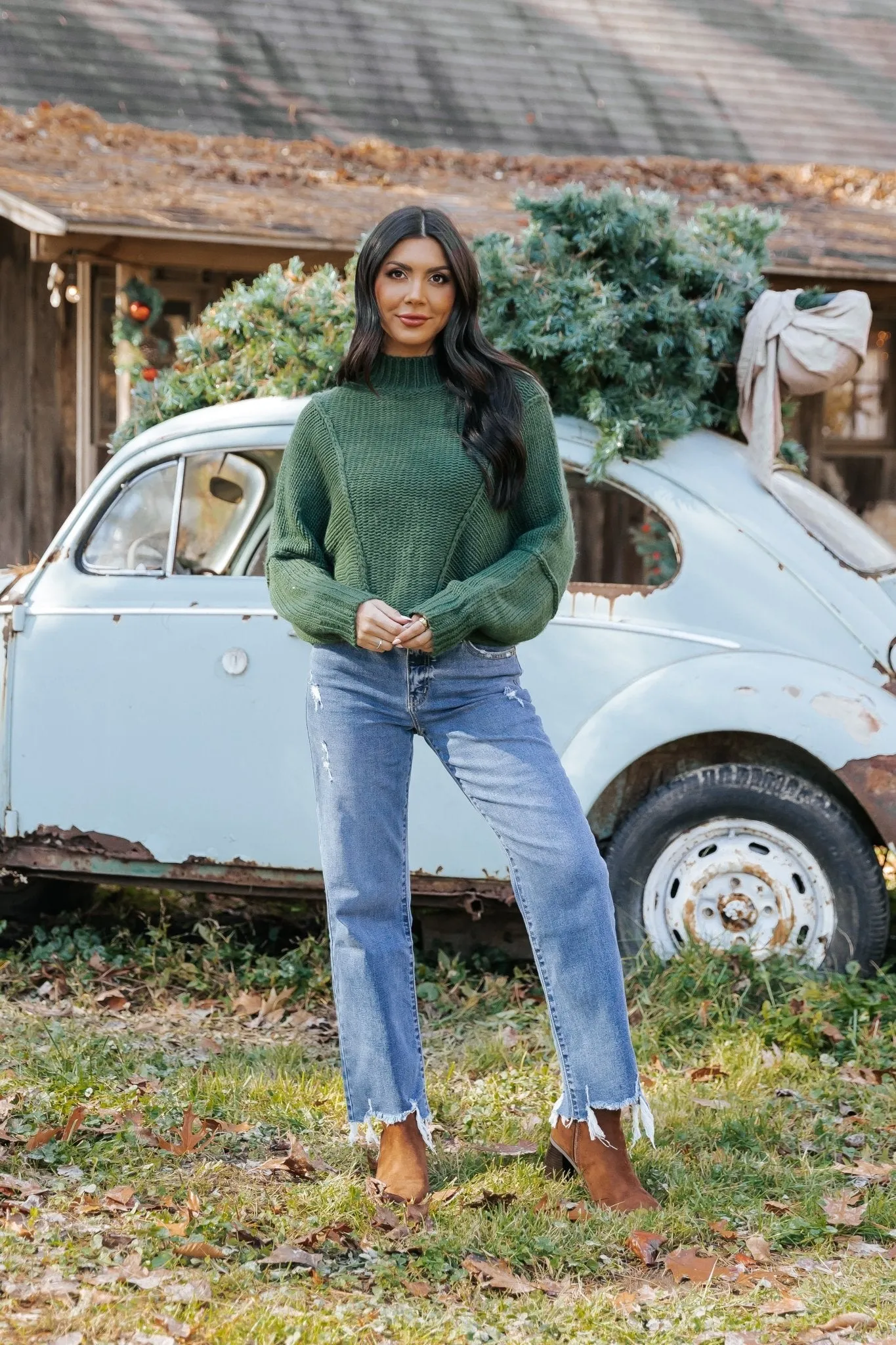 Seam Detail Mock Neck Sweater - Green - FINAL SALE