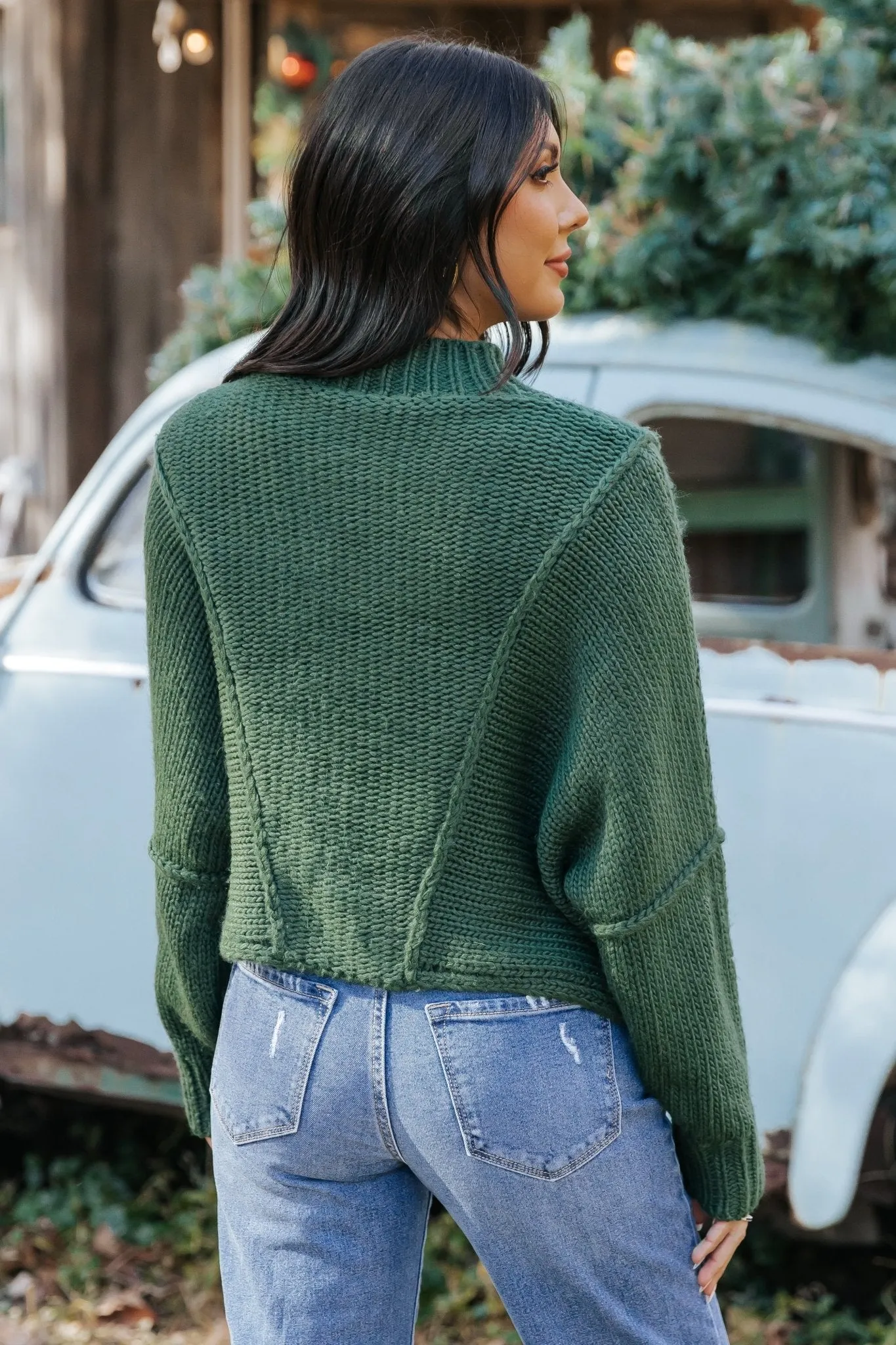 Seam Detail Mock Neck Sweater - Green - FINAL SALE