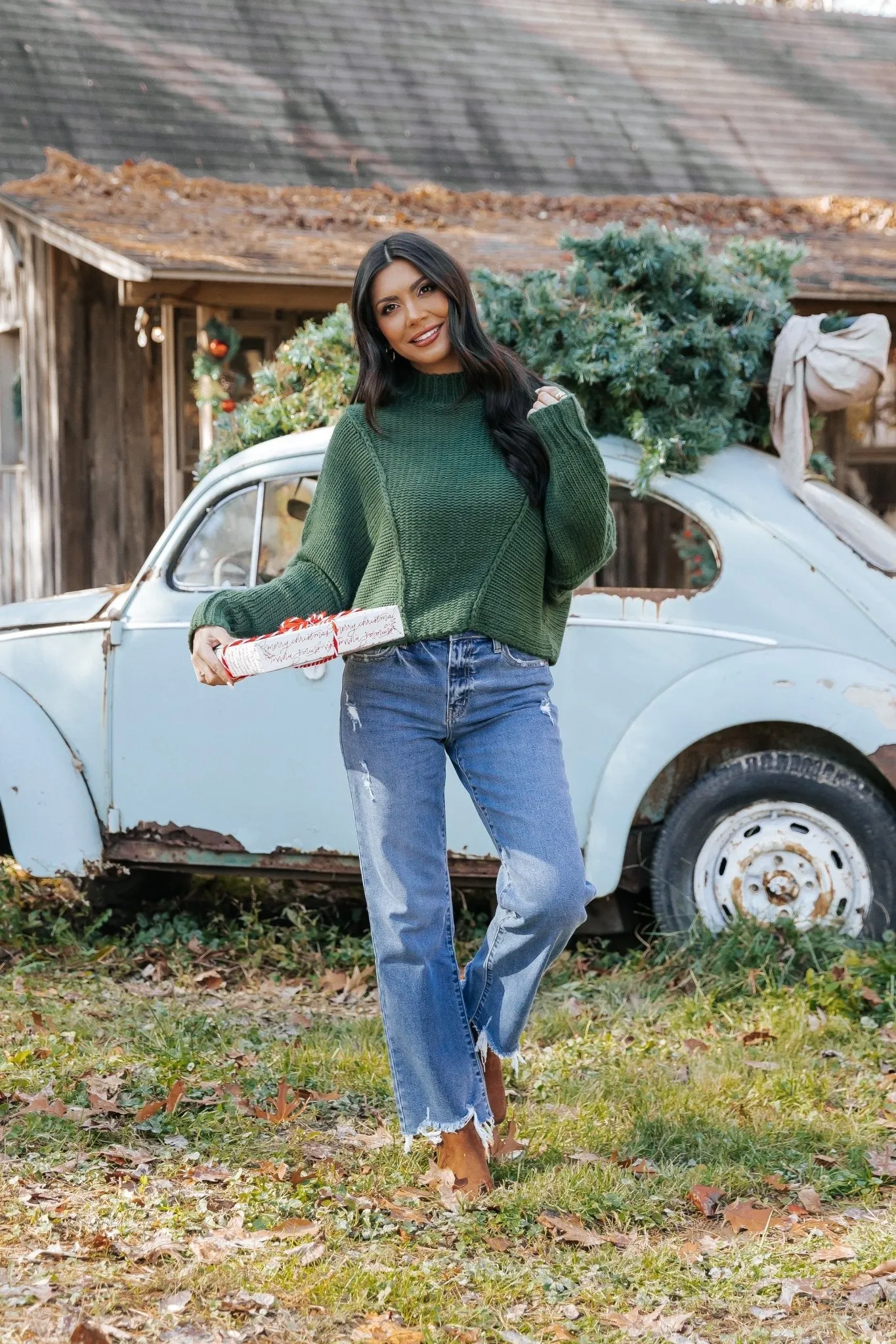 Seam Detail Mock Neck Sweater - Green - FINAL SALE