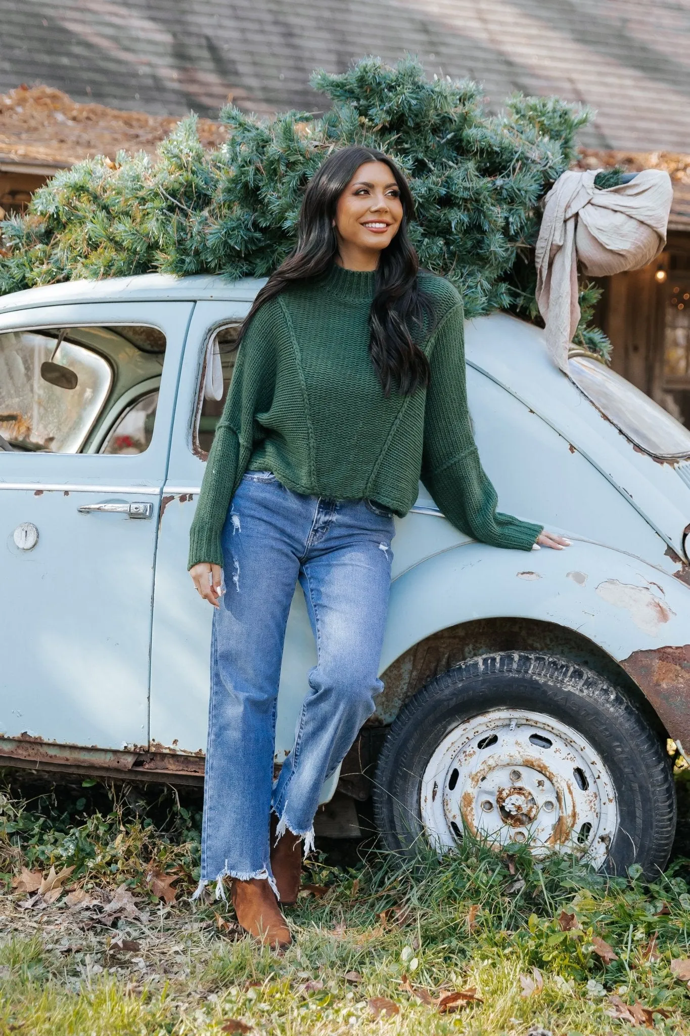Seam Detail Mock Neck Sweater - Green - FINAL SALE