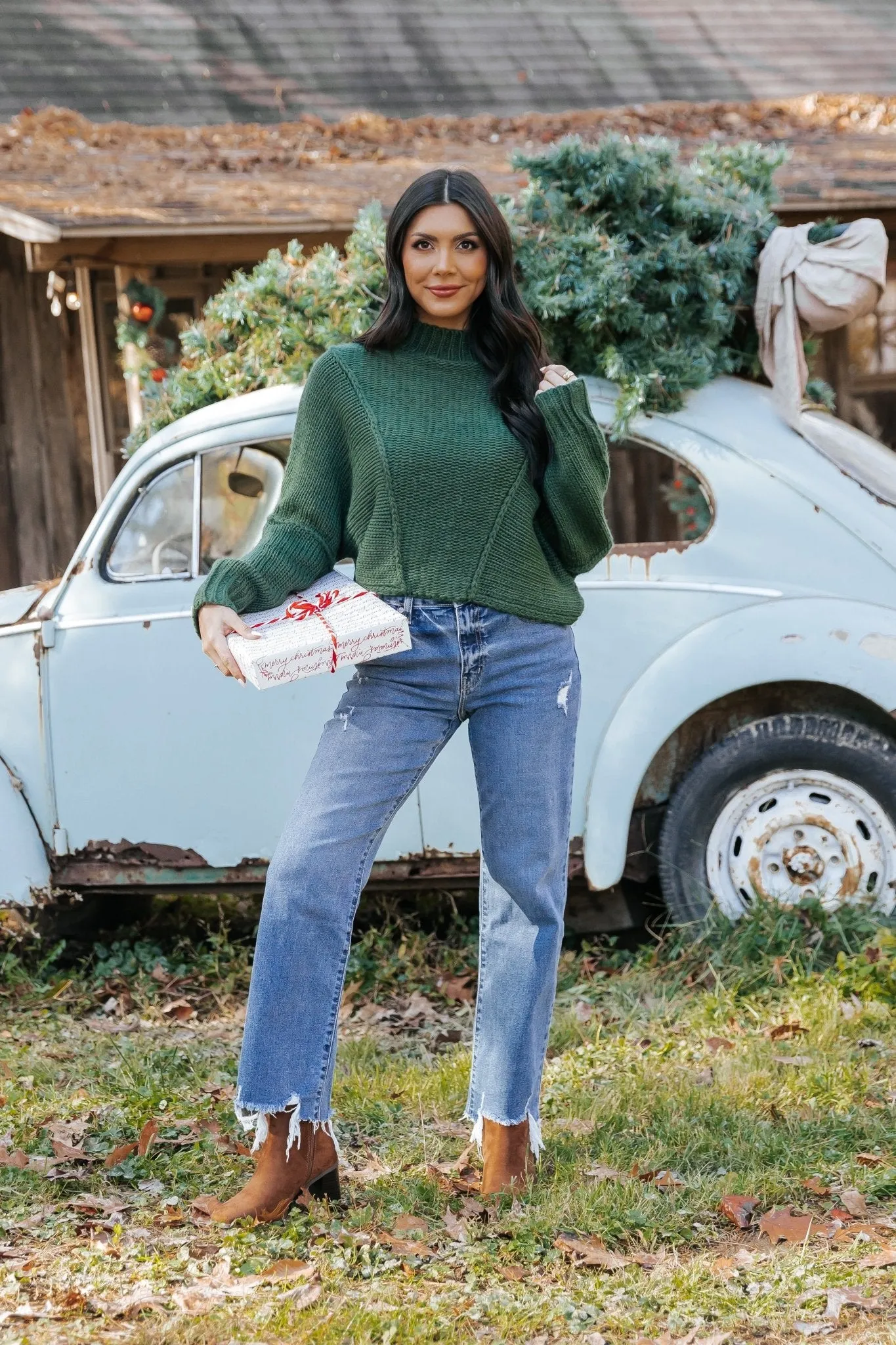 Seam Detail Mock Neck Sweater - Green - FINAL SALE