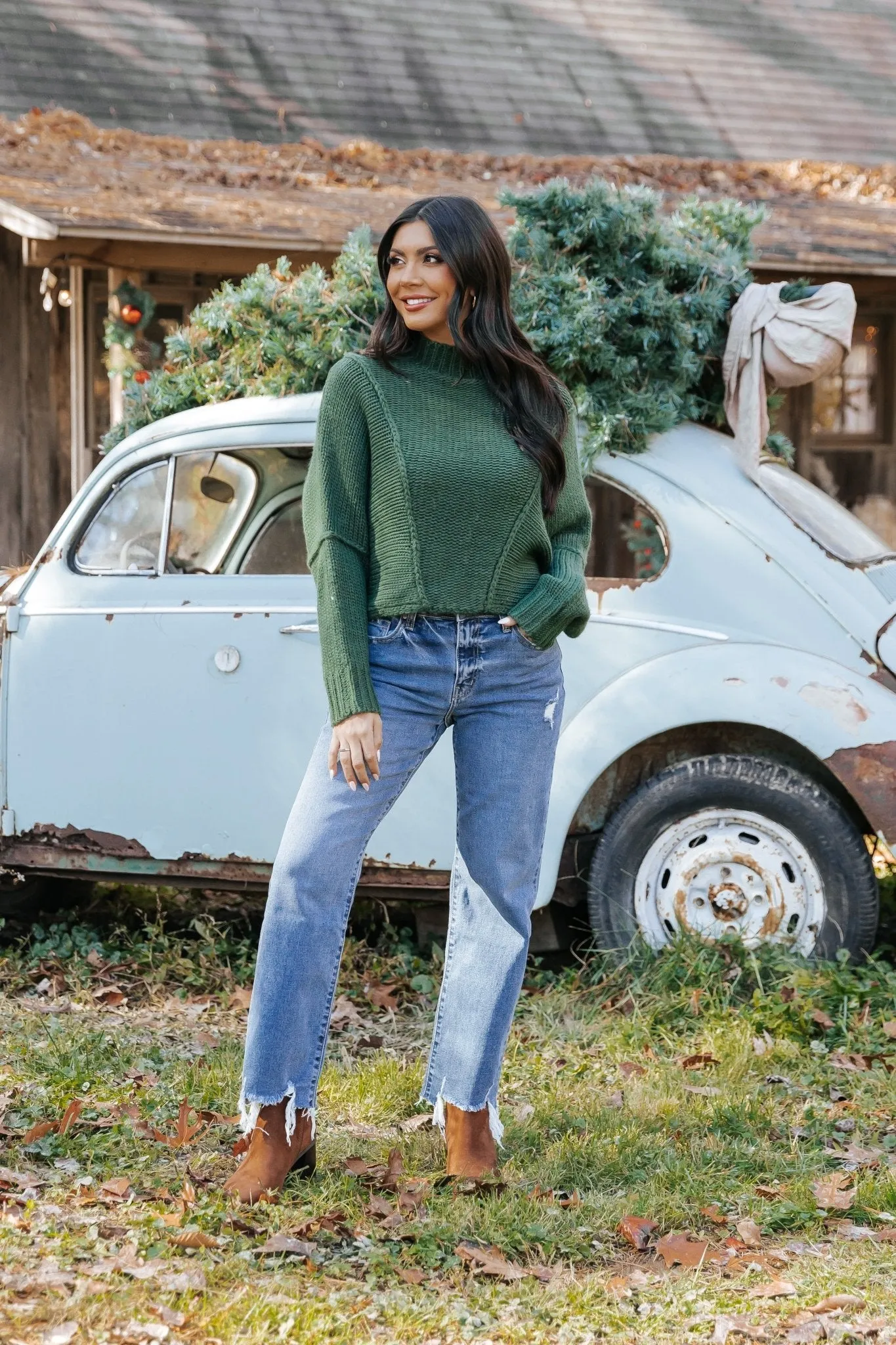 Seam Detail Mock Neck Sweater - Green - FINAL SALE