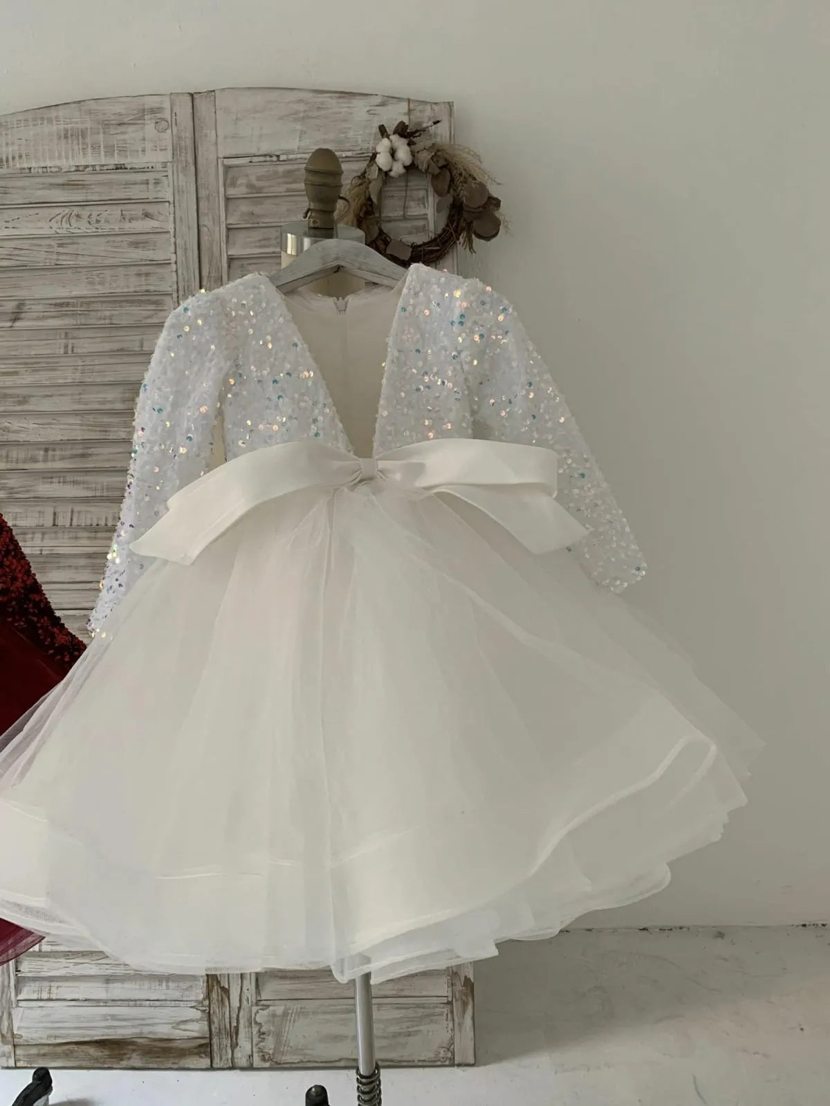 Sequin Tulle V Neck Wedding Party Flower Girl Dress Kids Party Dress TUTU Princess
