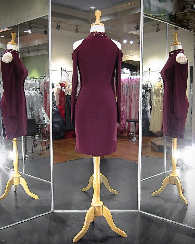 Sexy Burgundy Sheath Cocktail Dresses 2018 Halter Beaded Short Prom Party Gowns with Full Sleeve