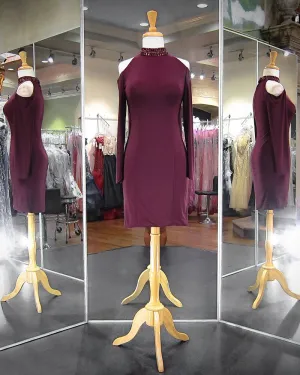 Sexy Burgundy Sheath Cocktail Dresses 2018 Halter Beaded Short Prom Party Gowns with Full Sleeve