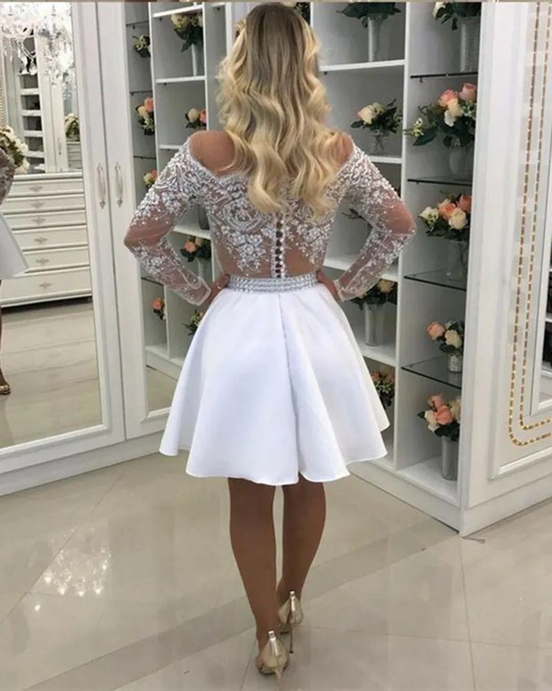 Sexy White Lace Party Dresses with Sheer Long Sleeve Short Cocktail Dresses 2018