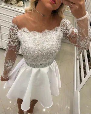 Sexy White Lace Party Dresses with Sheer Long Sleeve Short Cocktail Dresses 2018