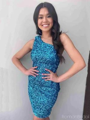 Shiny One-shoulder Sleeveless Short Sequin Mermaid Homecoming Dresses For Party Online, HD0807