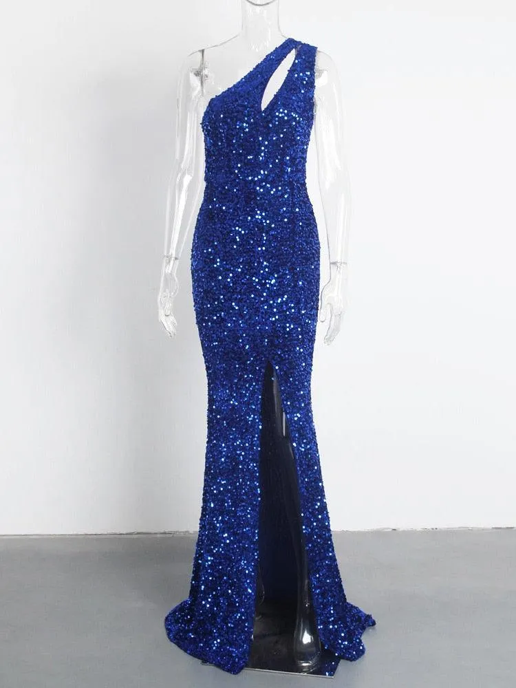 Shiny Royal Blue Hollow Out Velvet Cocktail Gown Stretchy Gary Slit Leg One Shoulder Sleeveless Wedding Party Dress Maxi Fashion