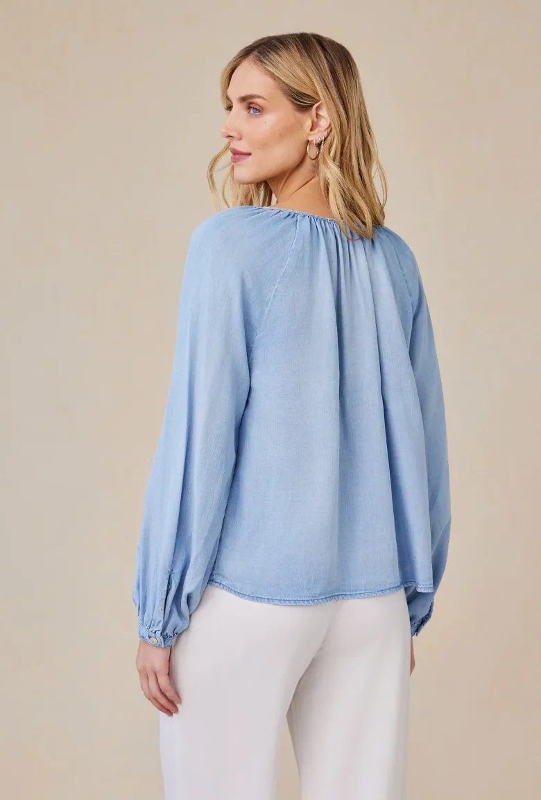 Shirred Raglan Tie front Top