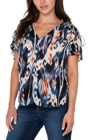 Shirred V-Neck Top With Tie Detail - SALE