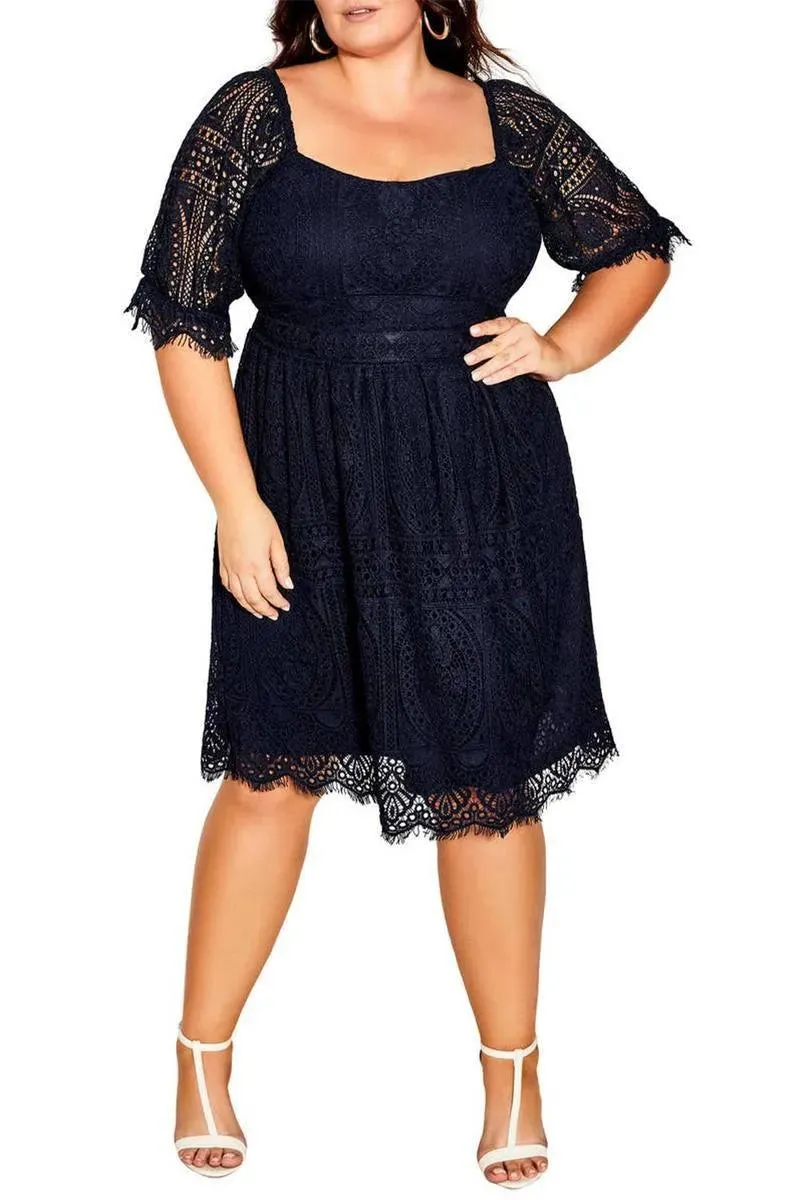 Shop Plus Size Black Dress with Eyelash Lace Square Neck