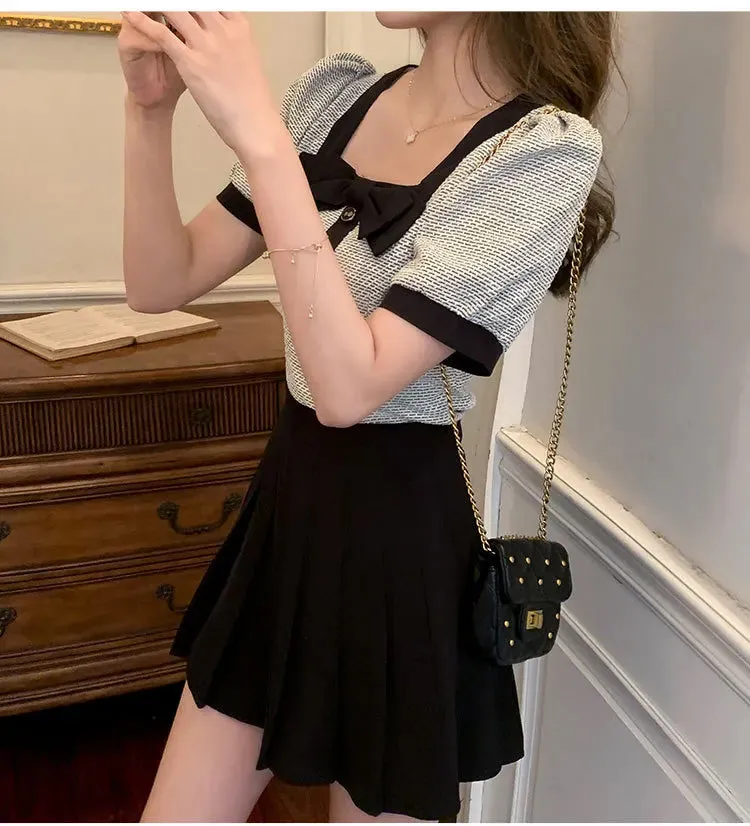 Short Sleeve Bow Square Collar Blouse Shirt