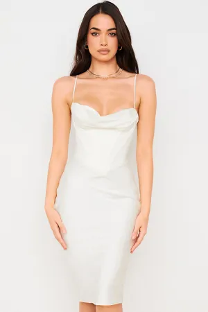 Silky Cowl Neck Corset Satin Midi Cocktail Dress - White