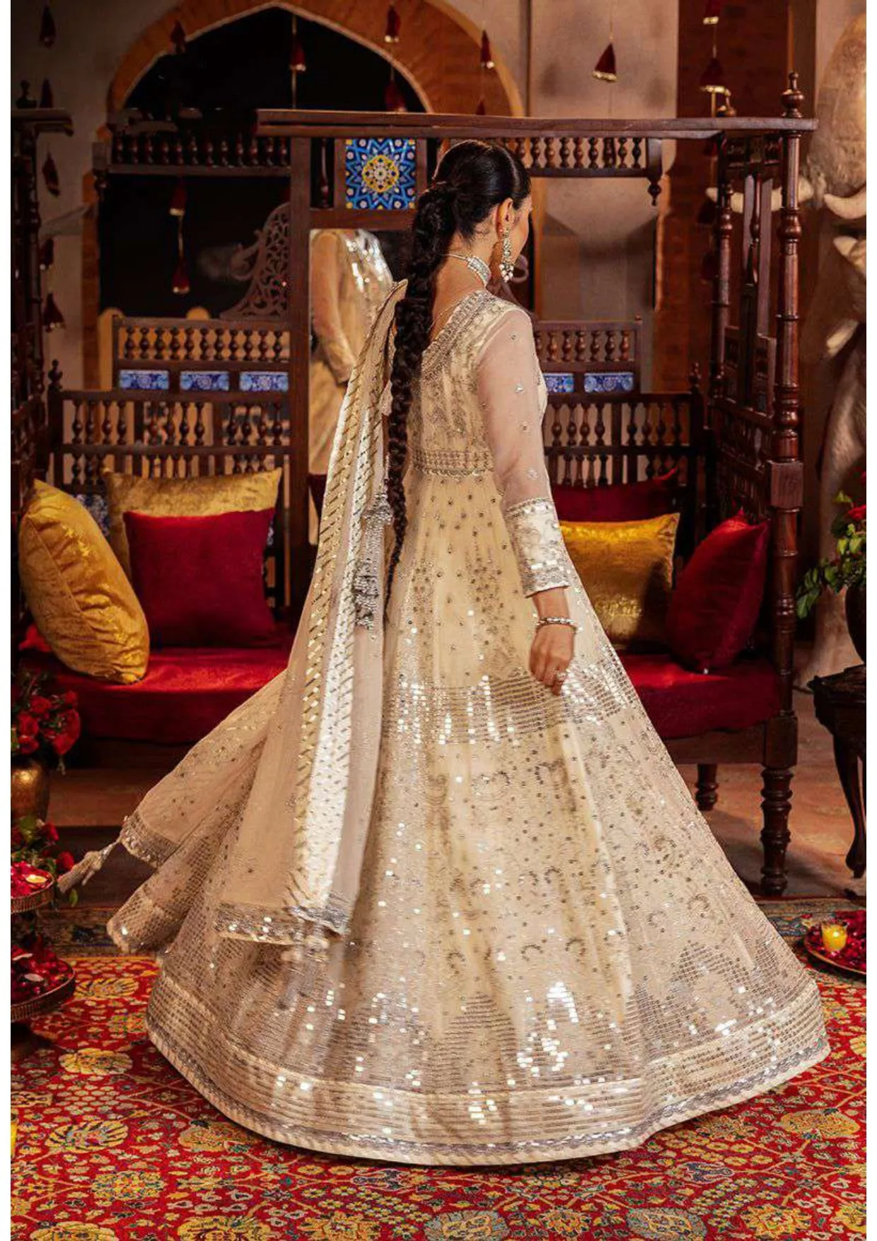 Silver Sparkling Embroidered Pakistani Wedding Dress Long Frock