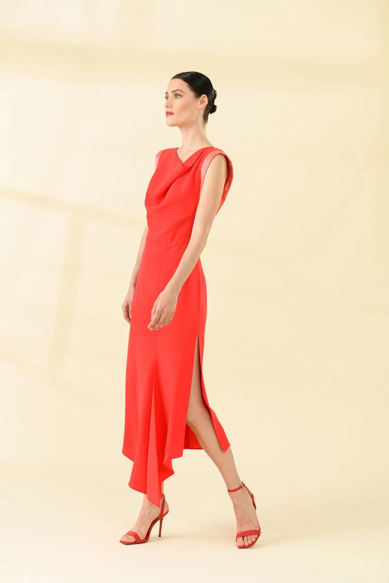 Sisters Joop Red Crepe Cowl Neck Dress With Satin Trim