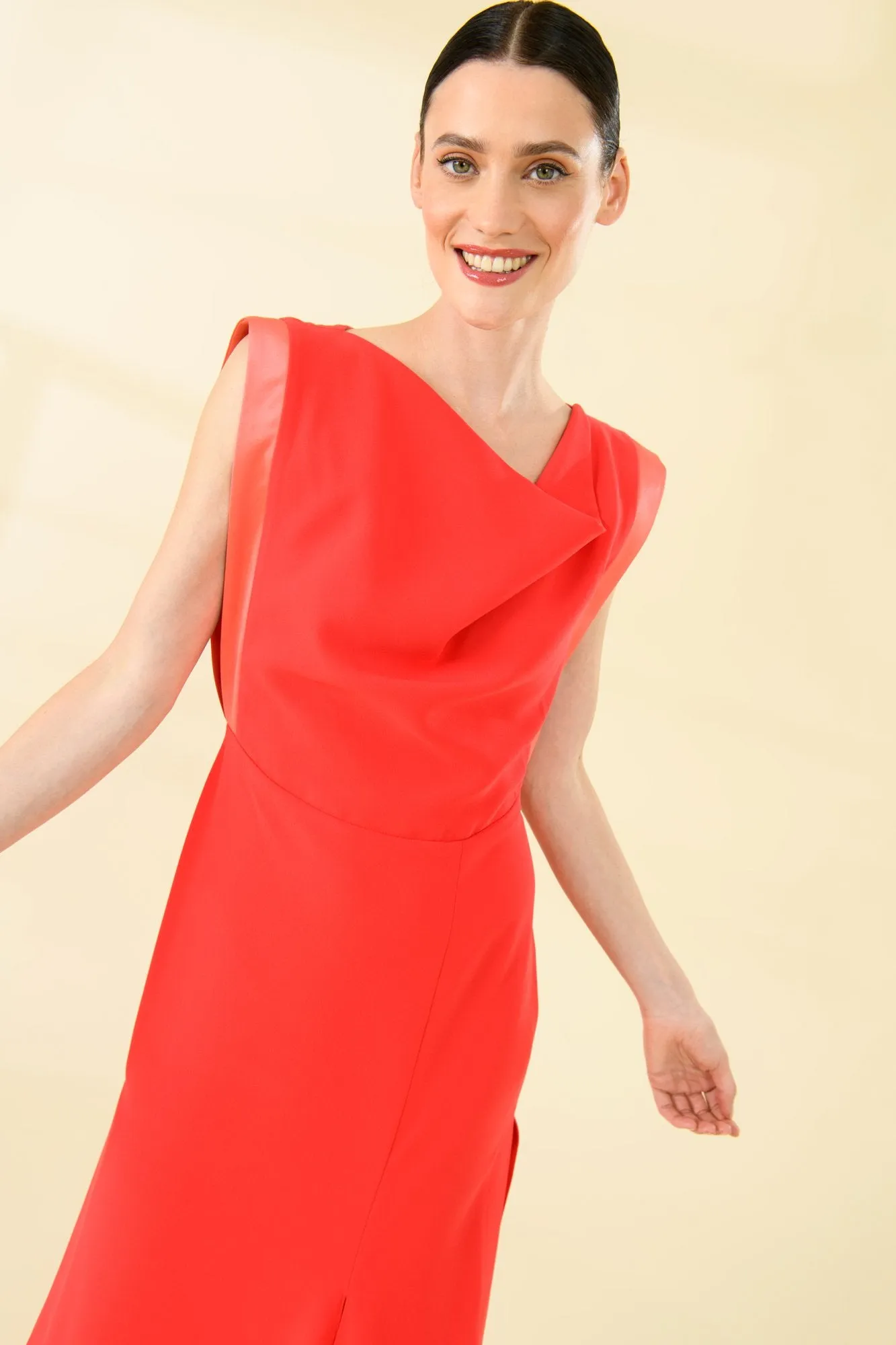 Sisters Joop Red Crepe Cowl Neck Dress With Satin Trim
