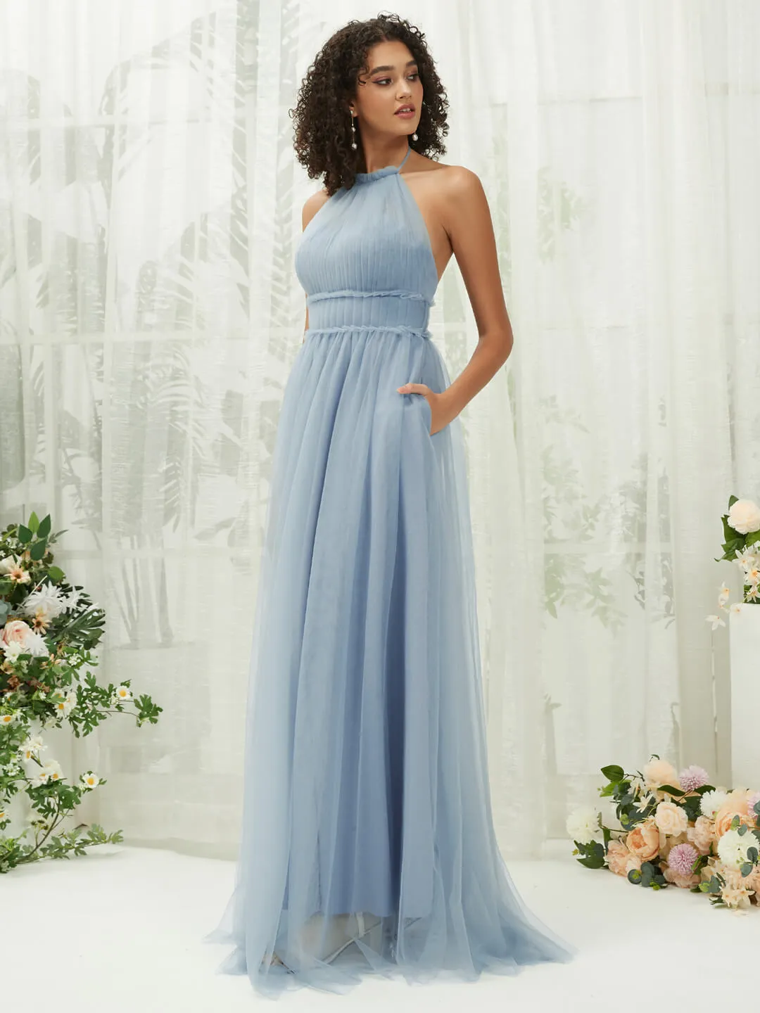 Slate Blue Tulle Halter Neck Pleated Pocket Maxi Bridesmaid Dresses