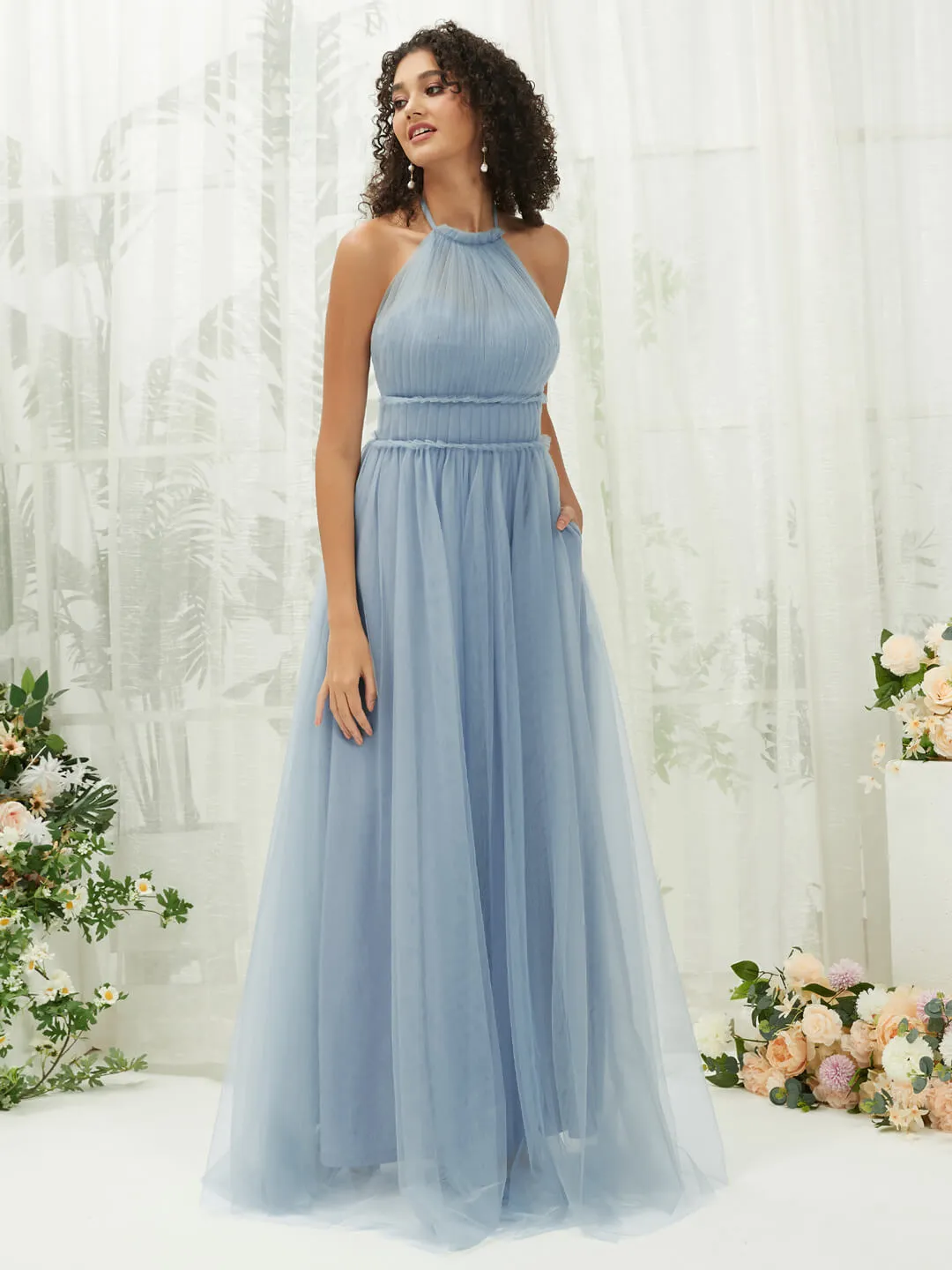 Slate Blue Tulle Halter Neck Pleated Pocket Maxi Bridesmaid Dresses