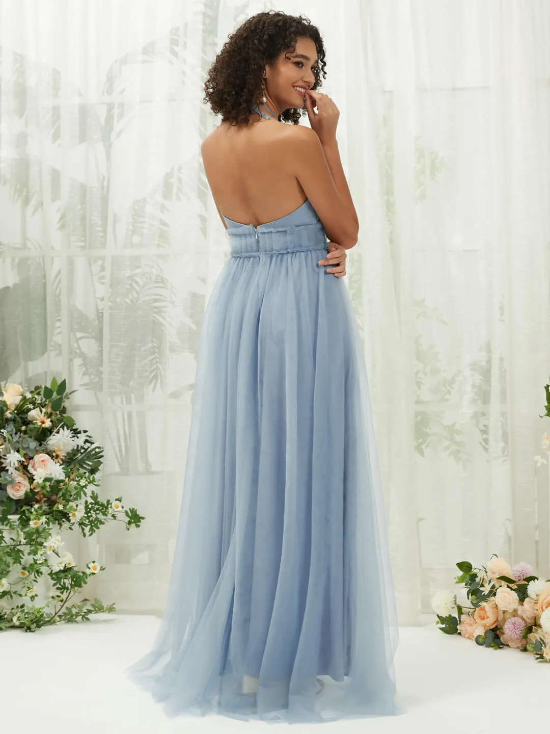 Slate Blue Tulle Halter Neck Pleated Pocket Maxi Bridesmaid Dresses