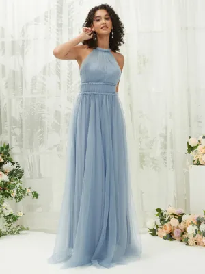 Slate Blue Tulle Halter Neck Pleated Pocket Maxi Bridesmaid Dresses