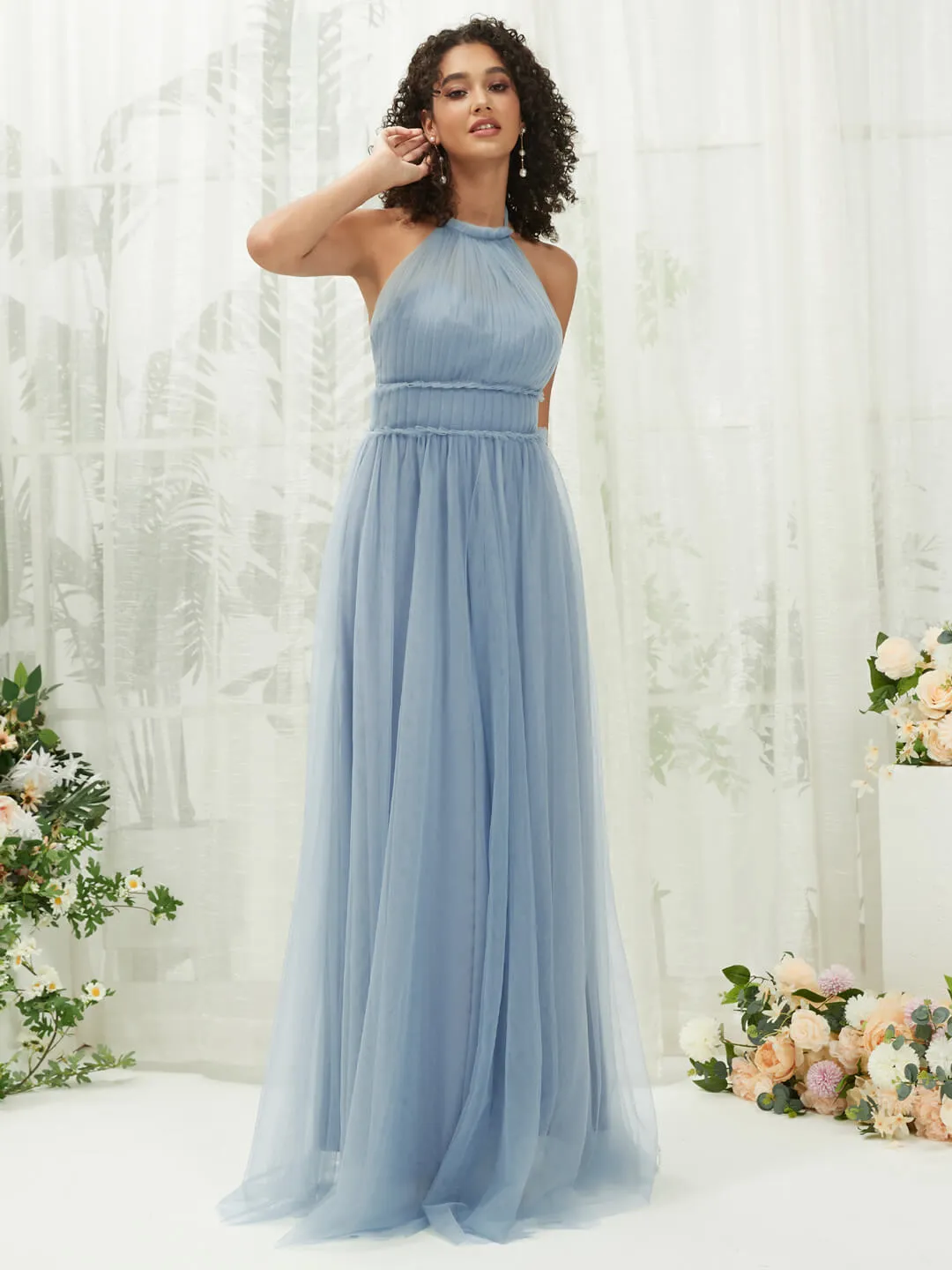 Slate Blue Tulle Halter Neck Pleated Pocket Maxi Bridesmaid Dresses