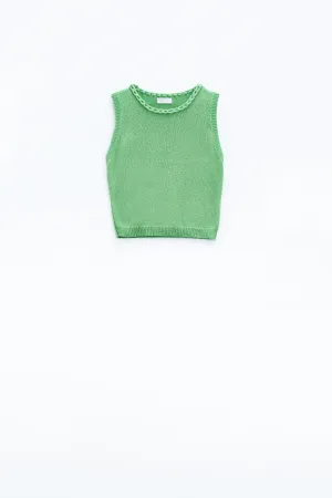 Sleeveless Green Sweater With Crew Neckline And Braid Detail At Neckline