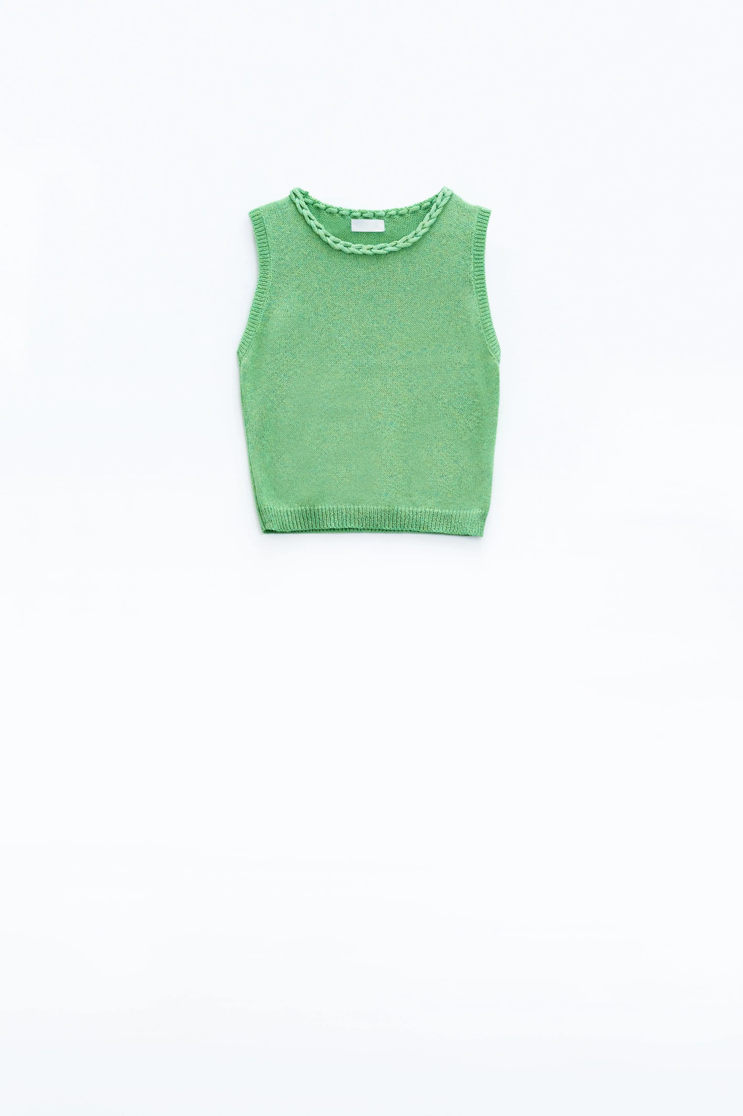 Sleeveless Green Sweater With Crew Neckline And Braid Detail At Neckline