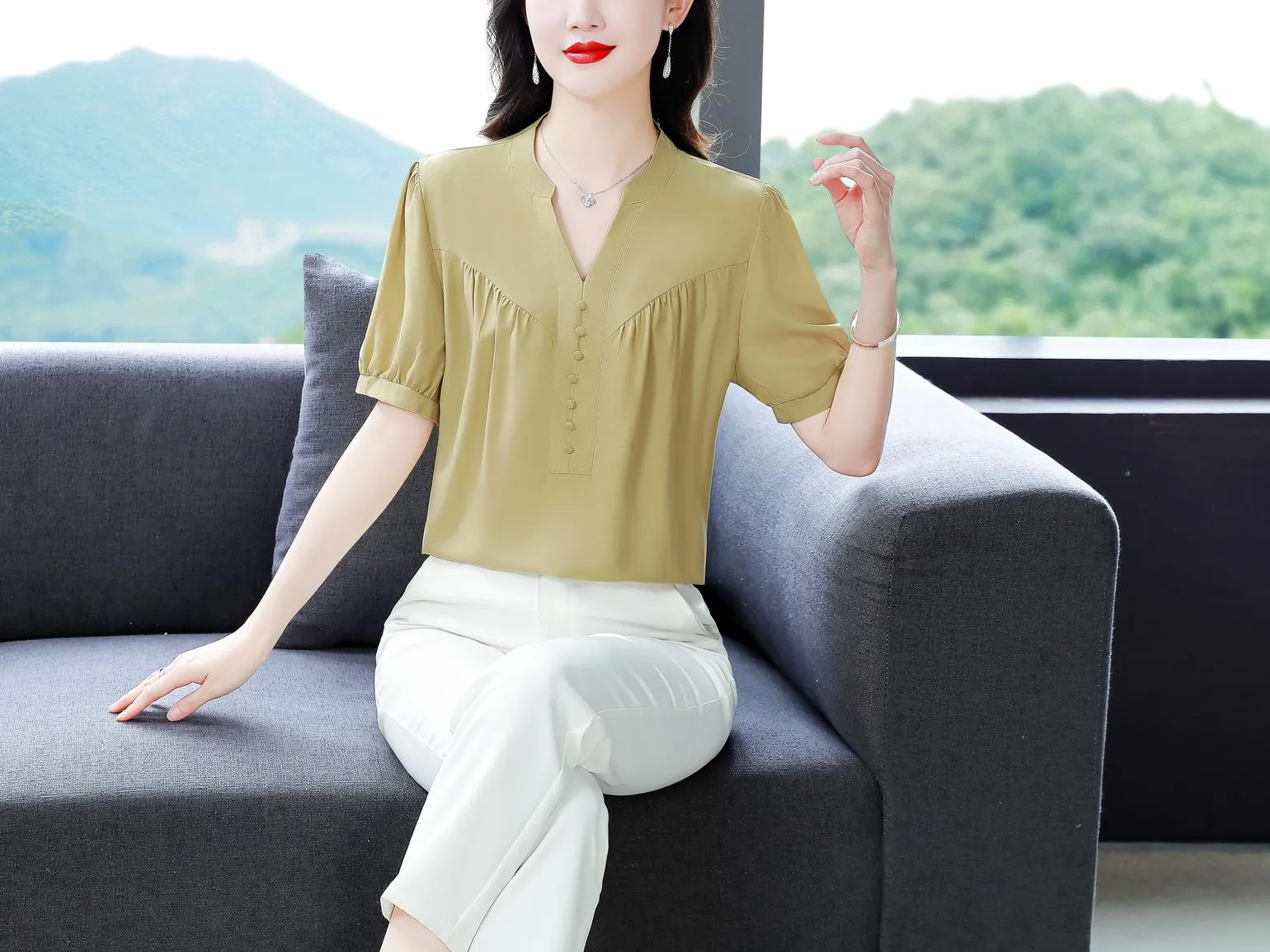 Slinky Shirred Blouse for Effortless Casual Style