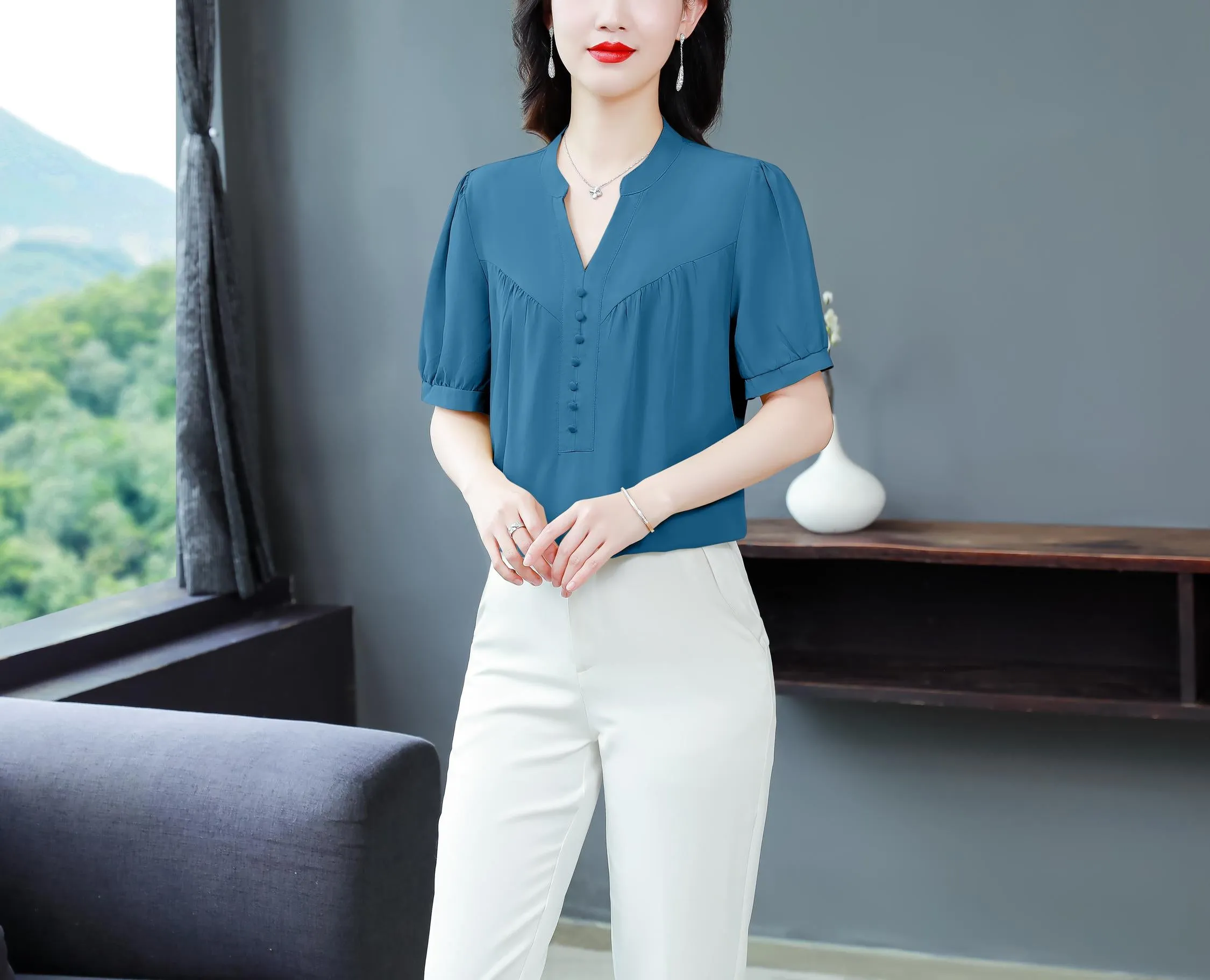 Slinky Shirred Blouse for Effortless Casual Style
