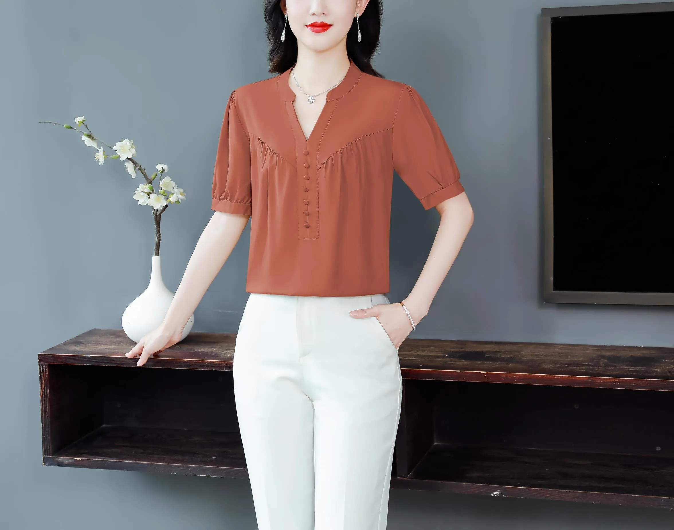 Slinky Shirred Blouse for Effortless Casual Style
