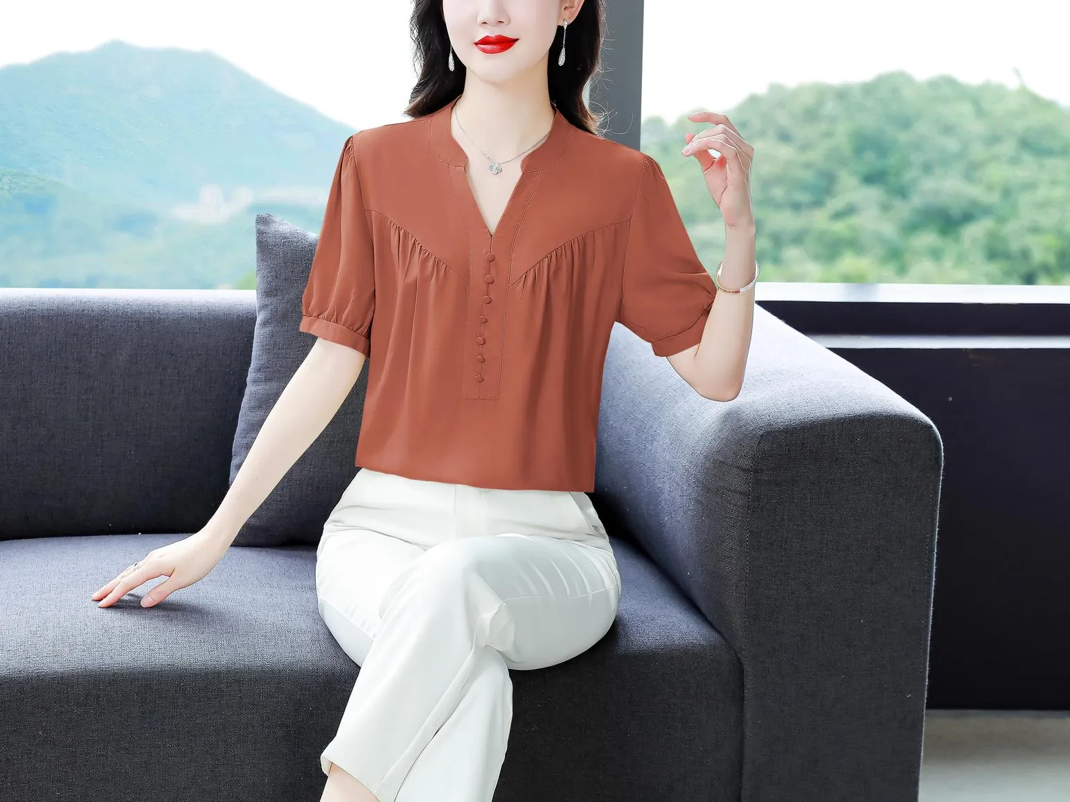 Slinky Shirred Blouse for Effortless Casual Style