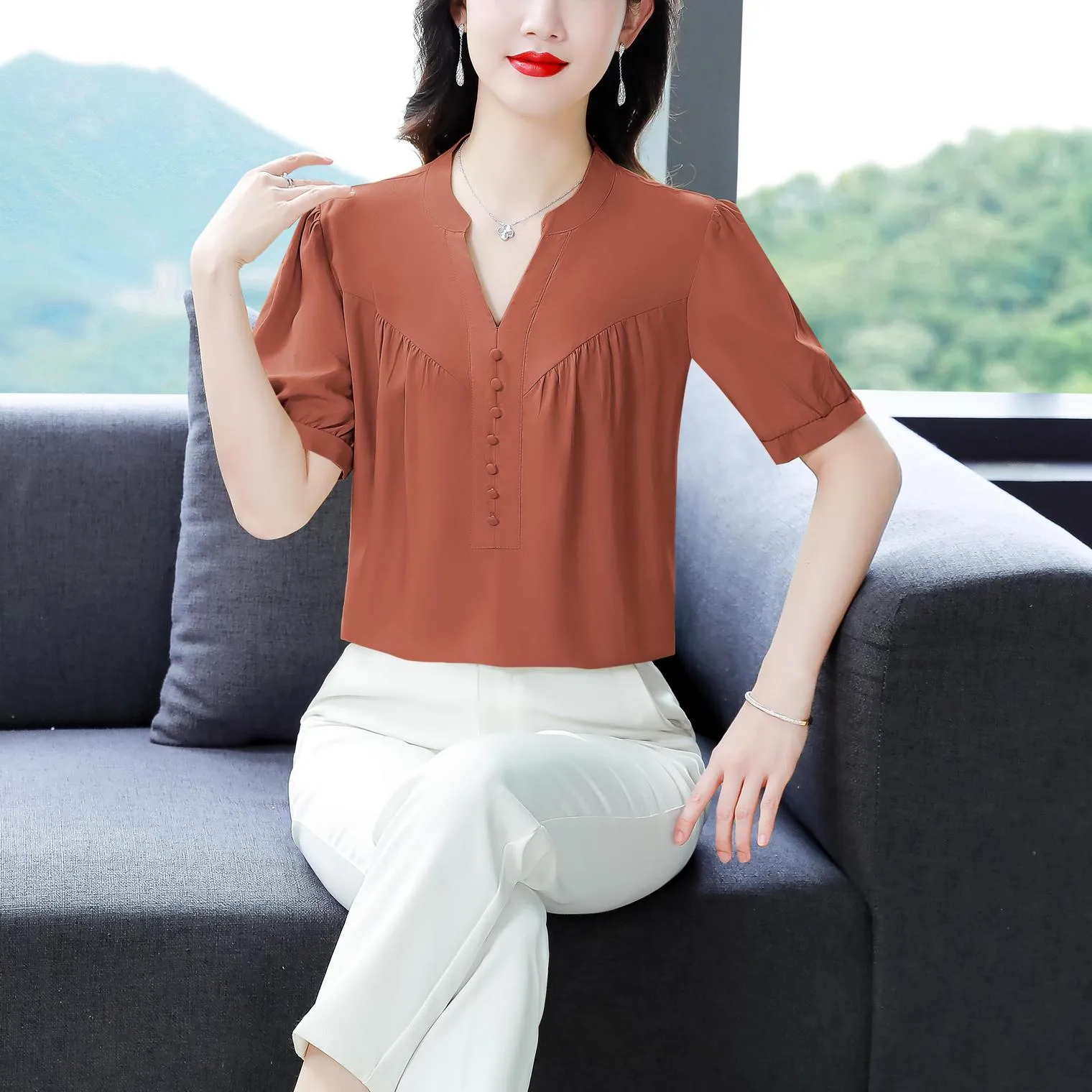 Slinky Shirred Blouse for Effortless Casual Style