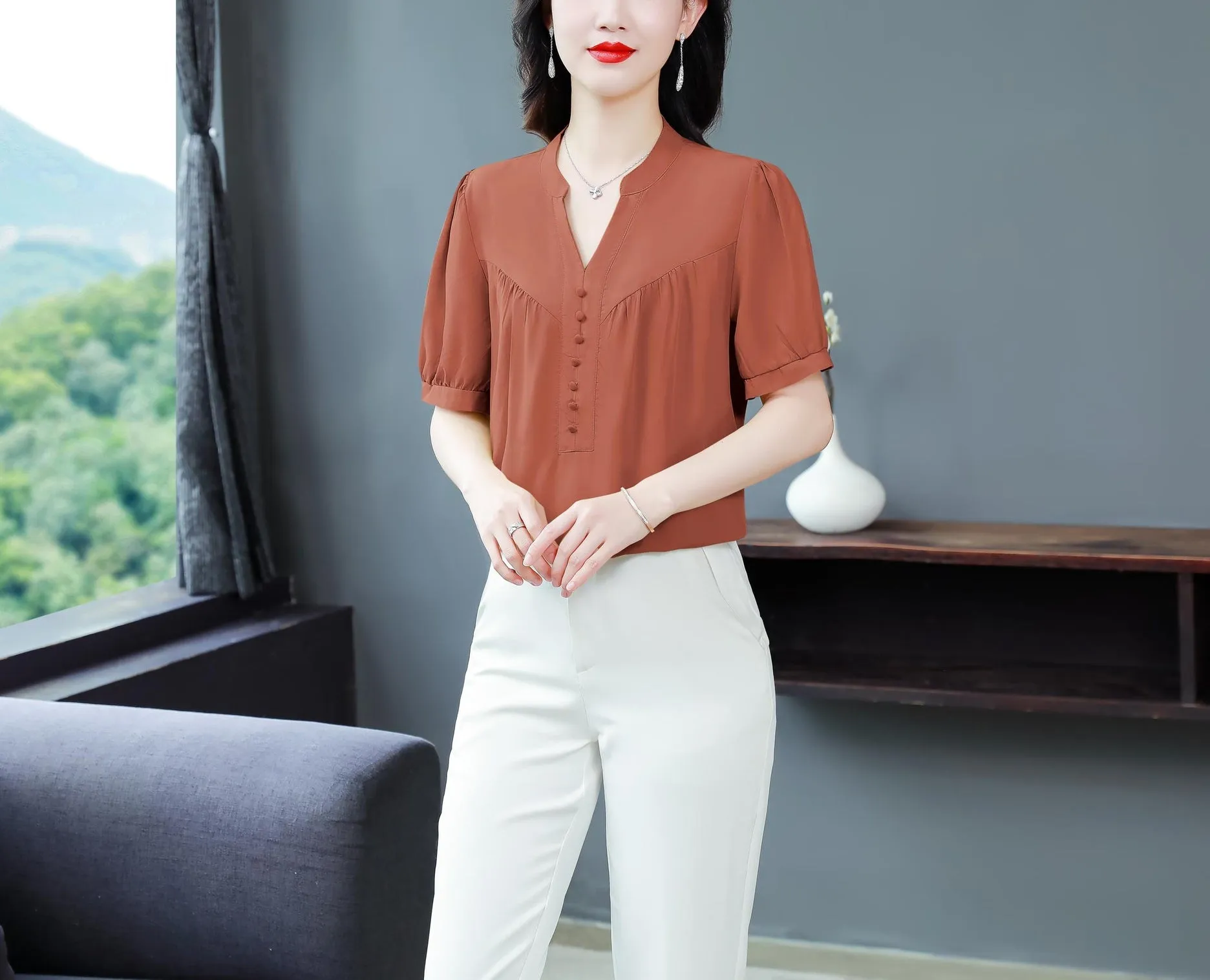 Slinky Shirred Blouse for Effortless Casual Style