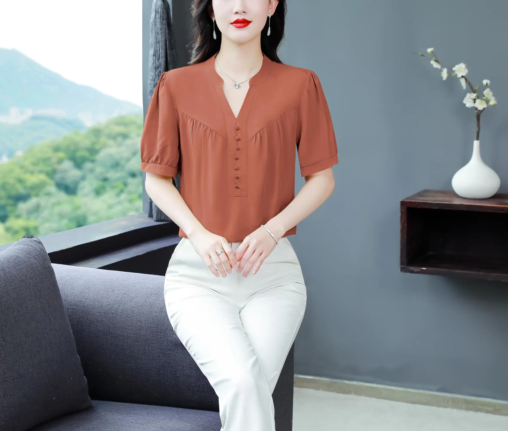 Slinky Shirred Blouse for Effortless Casual Style