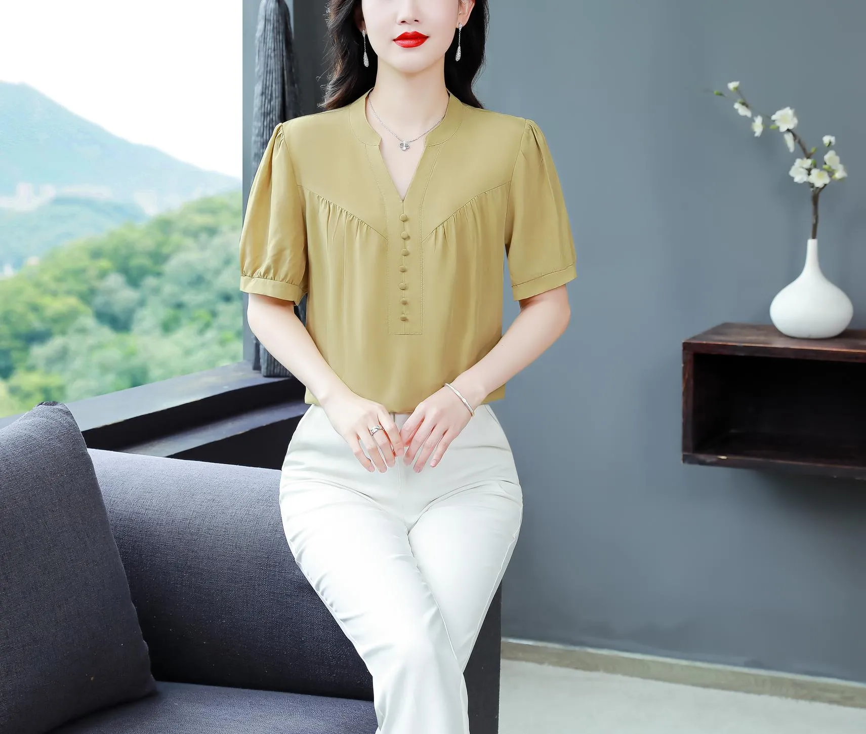 Slinky Shirred Blouse for Effortless Casual Style