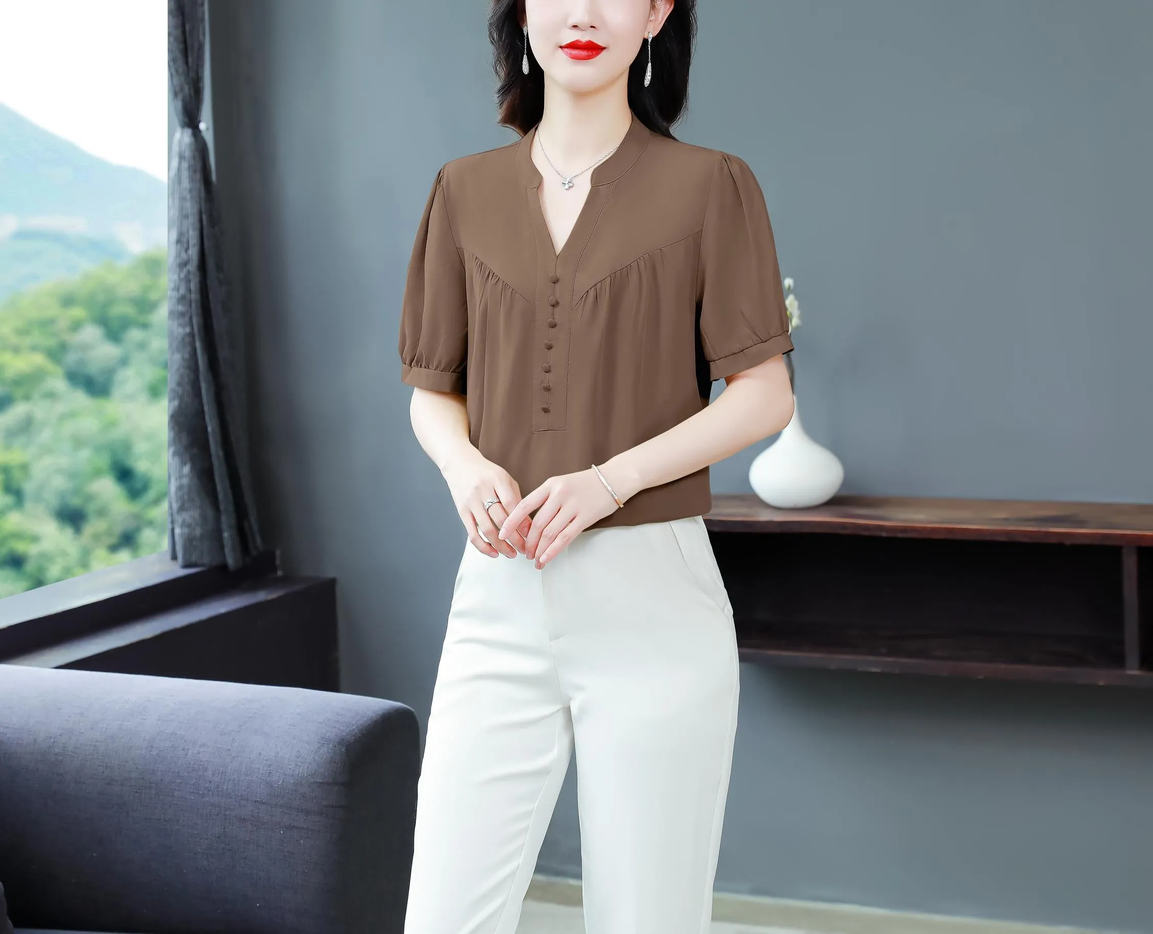 Slinky Shirred Blouse for Effortless Casual Style