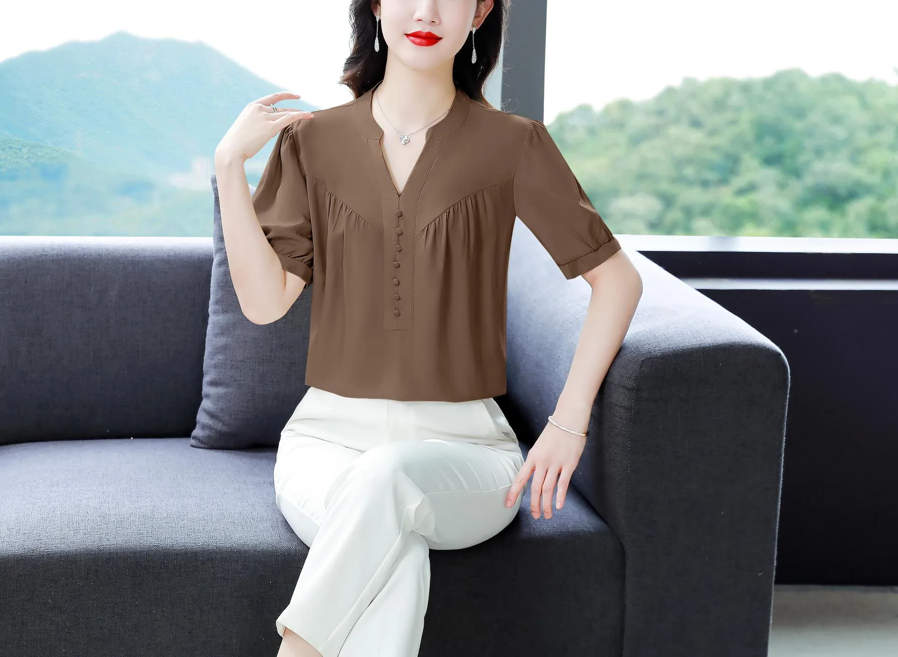 Slinky Shirred Blouse for Effortless Casual Style