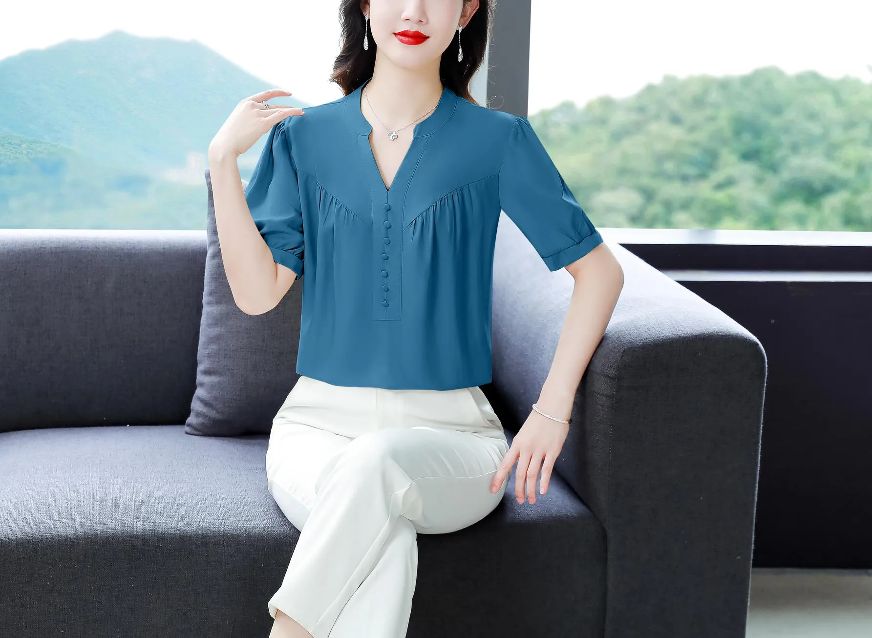 Slinky Shirred Blouse for Effortless Casual Style