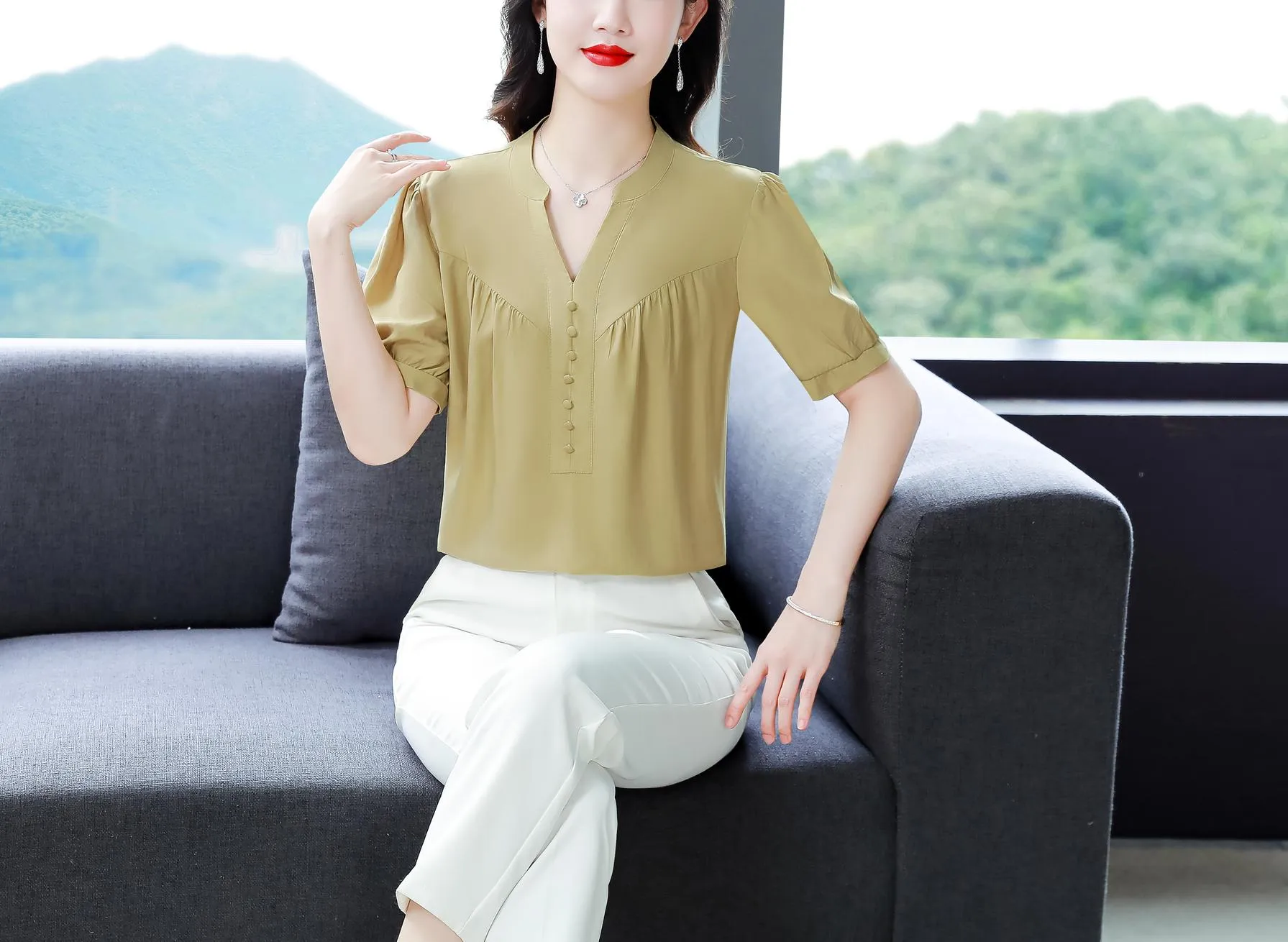 Slinky Shirred Blouse for Effortless Casual Style