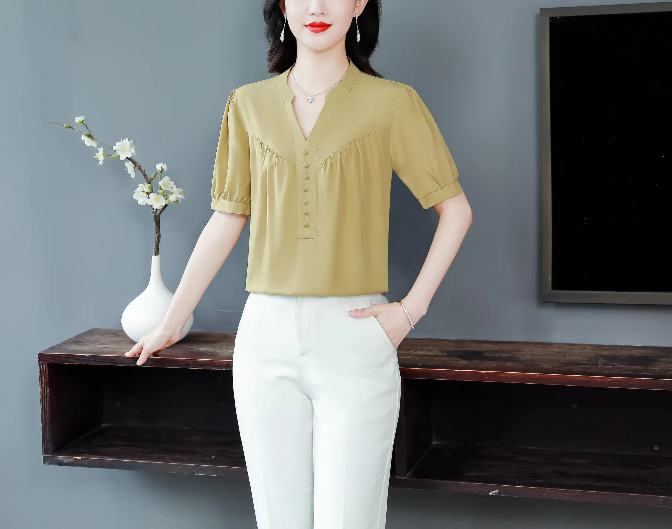 Slinky Shirred Blouse for Effortless Casual Style