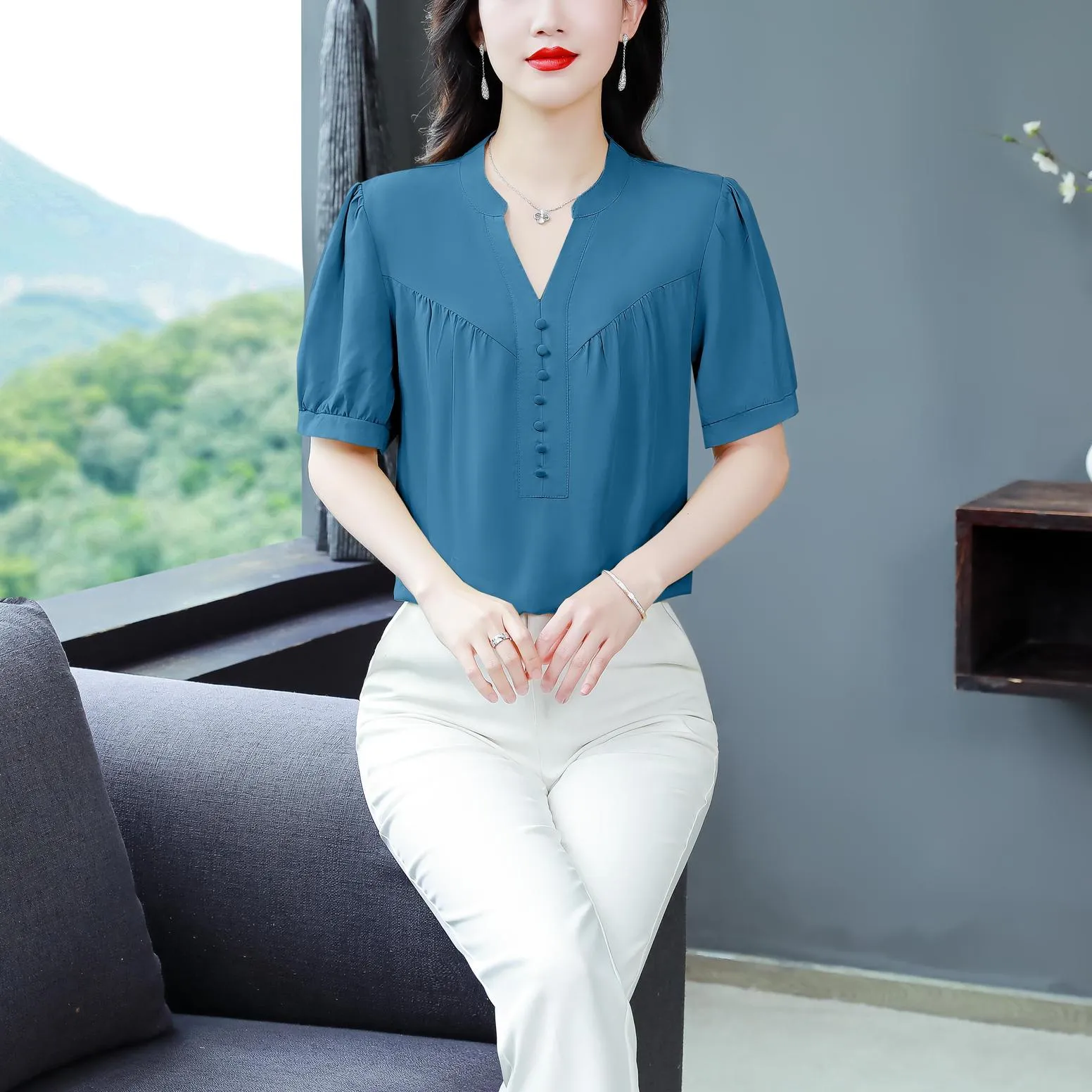 Slinky Shirred Blouse for Effortless Casual Style