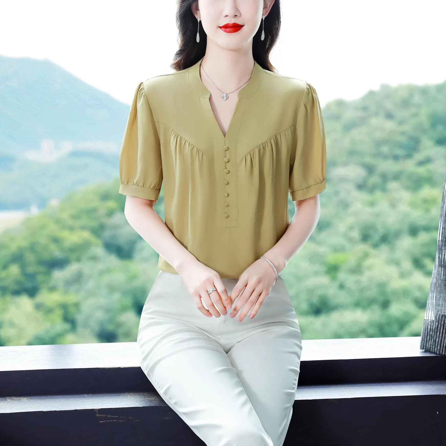 Slinky Shirred Blouse for Effortless Casual Style