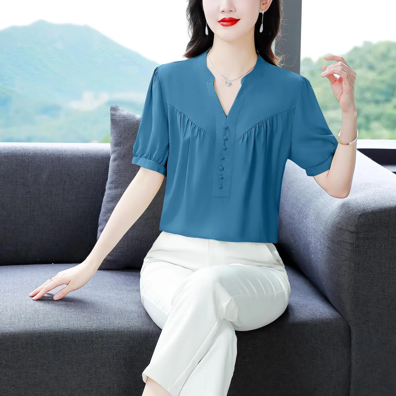 Slinky Shirred Blouse for Effortless Casual Style