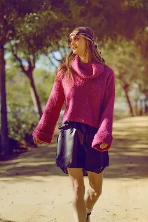 soft knitted high neck sweater in fucshia color
