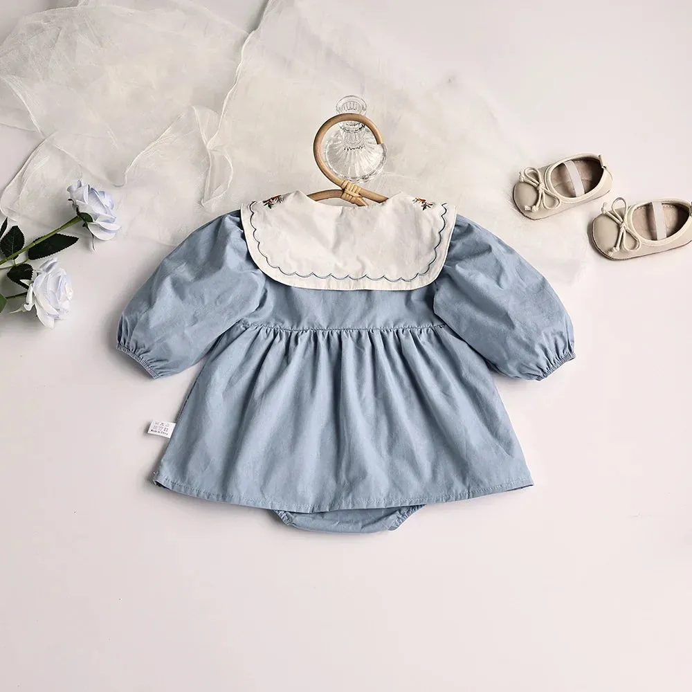 Solid Pleated Baby Bodysuit Toddler Girls Princess Clothes embroidery Big Collar Infant Clothing
