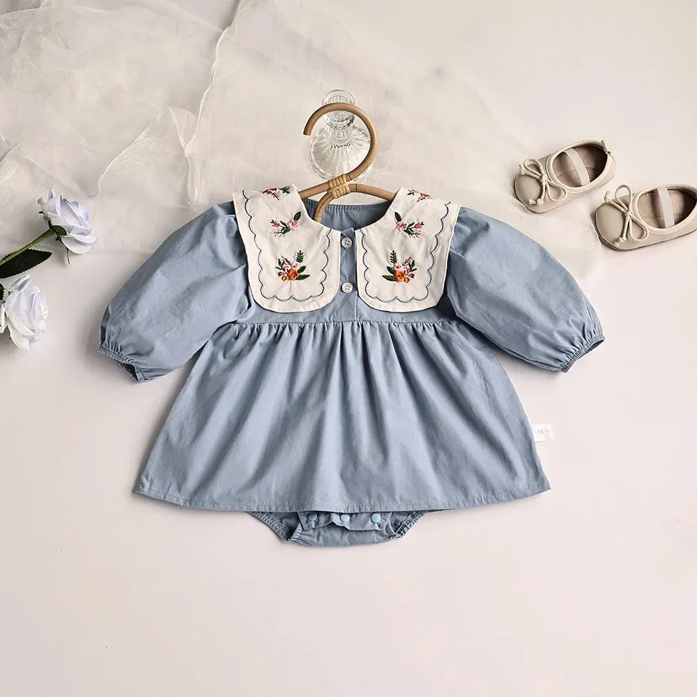 Solid Pleated Baby Bodysuit Toddler Girls Princess Clothes embroidery Big Collar Infant Clothing
