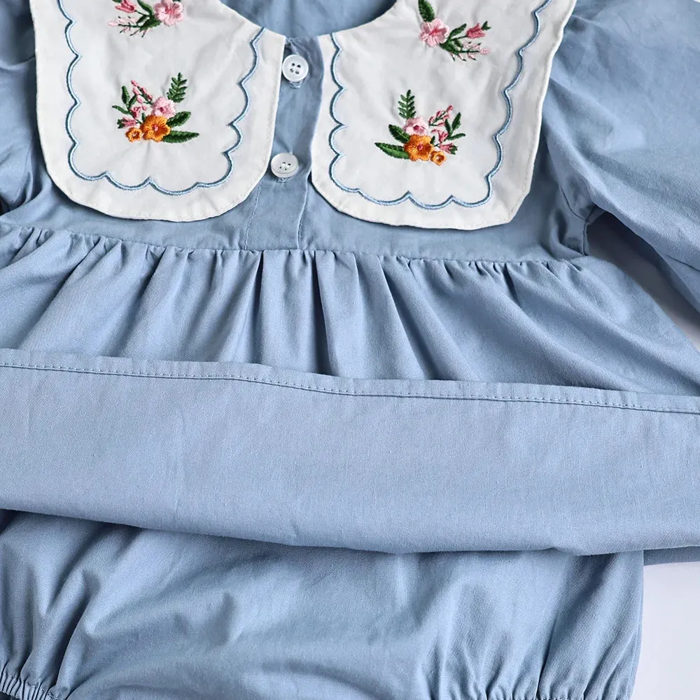 Solid Pleated Baby Bodysuit Toddler Girls Princess Clothes embroidery Big Collar Infant Clothing
