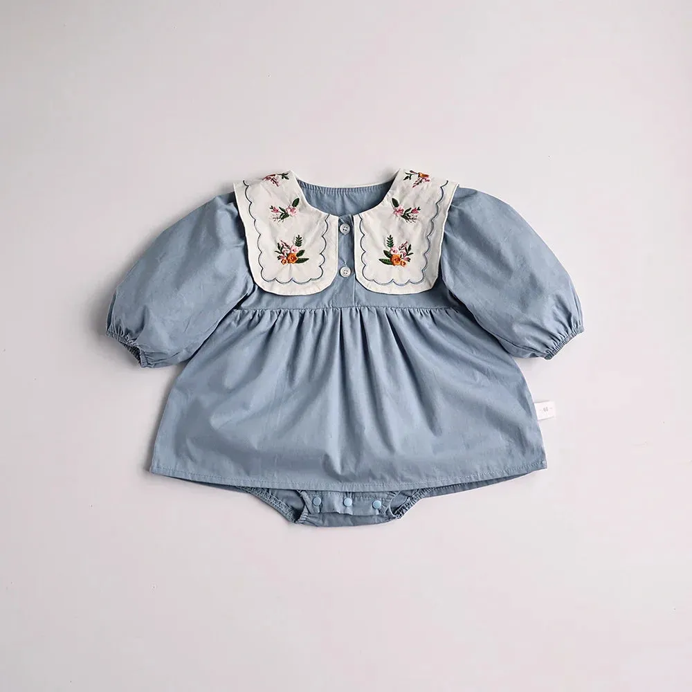 Solid Pleated Baby Bodysuit Toddler Girls Princess Clothes embroidery Big Collar Infant Clothing