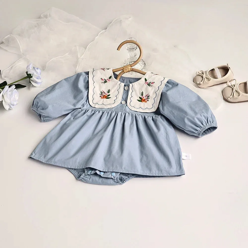 Solid Pleated Baby Bodysuit Toddler Girls Princess Clothes embroidery Big Collar Infant Clothing